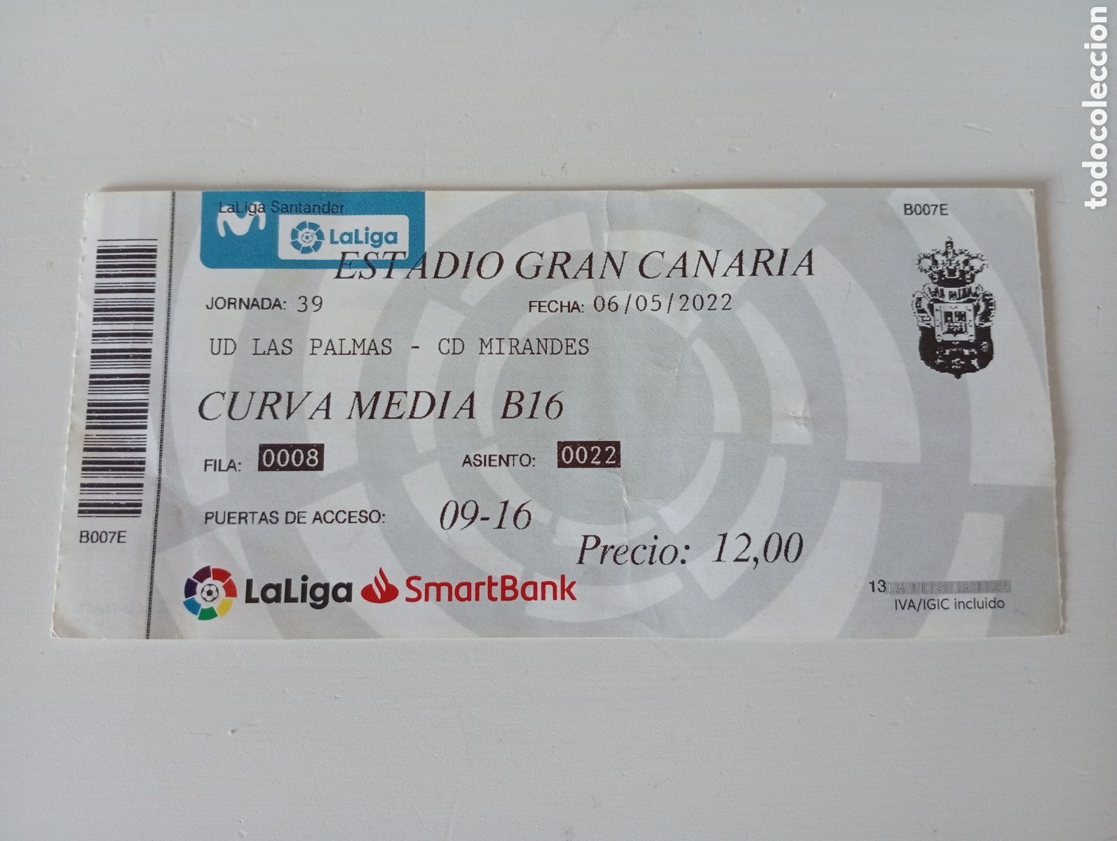 Colecionismo desportivo: ENTRADA FUTBOL UD LAS PALMAS MIRAND&Eacute;S CF 2021 2022 ESTADIO GRAN CANARIA