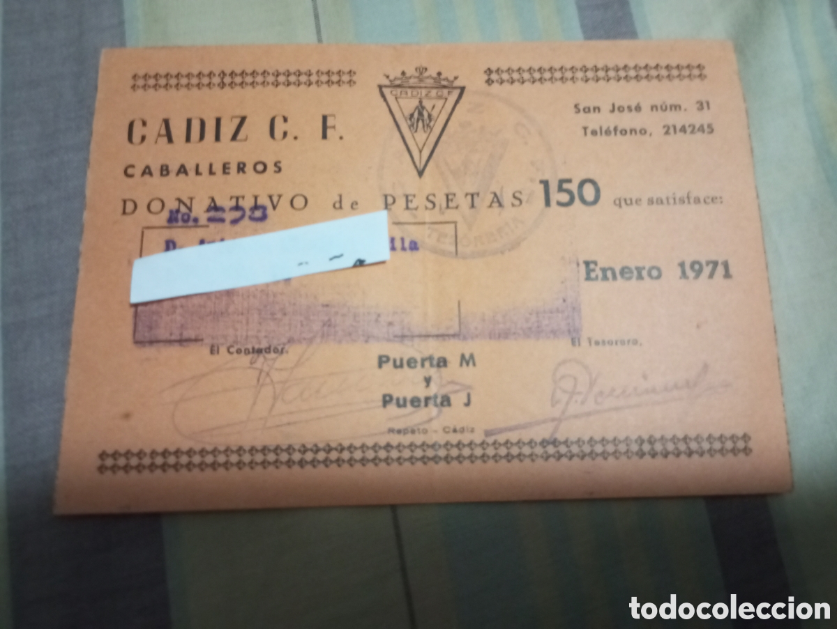 Collezionismo sportivo: C&aacute;diz c.f. donativo entrada a&ntilde;o 1971