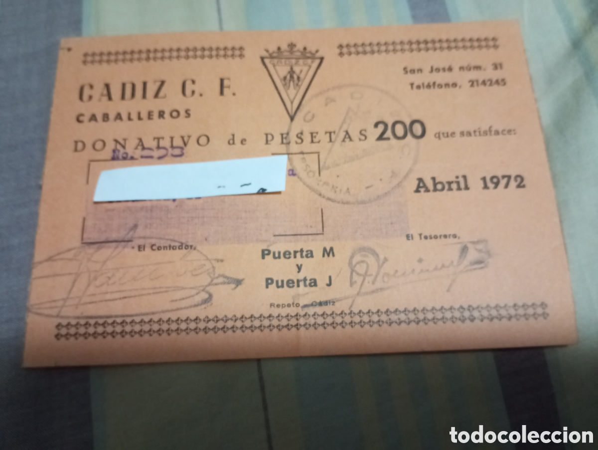 Collezionismo sportivo: C&aacute;diz c.f. donativo entrada 1972