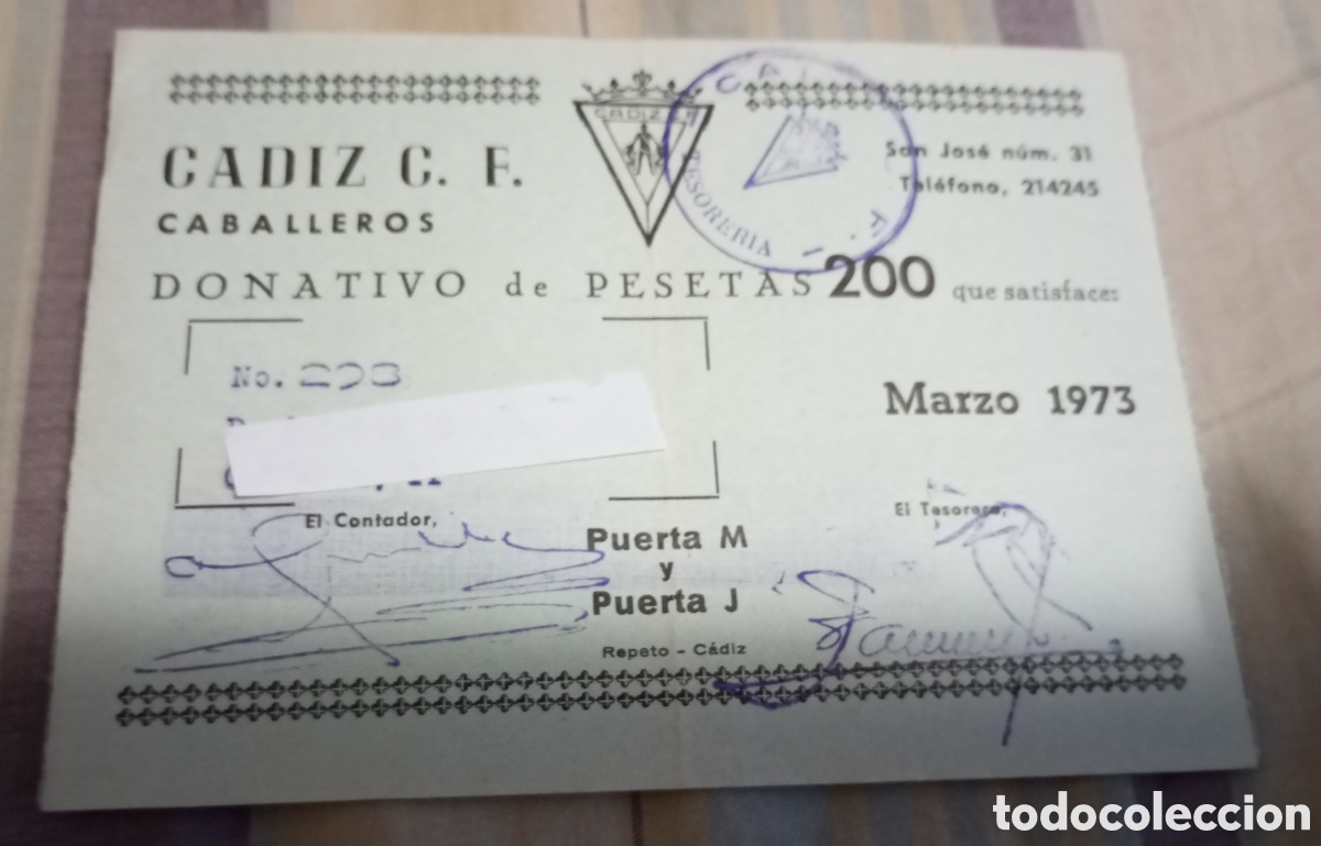 Collezionismo sportivo: C&aacute;diz c.f. donativo entrada a&ntilde;o 1973