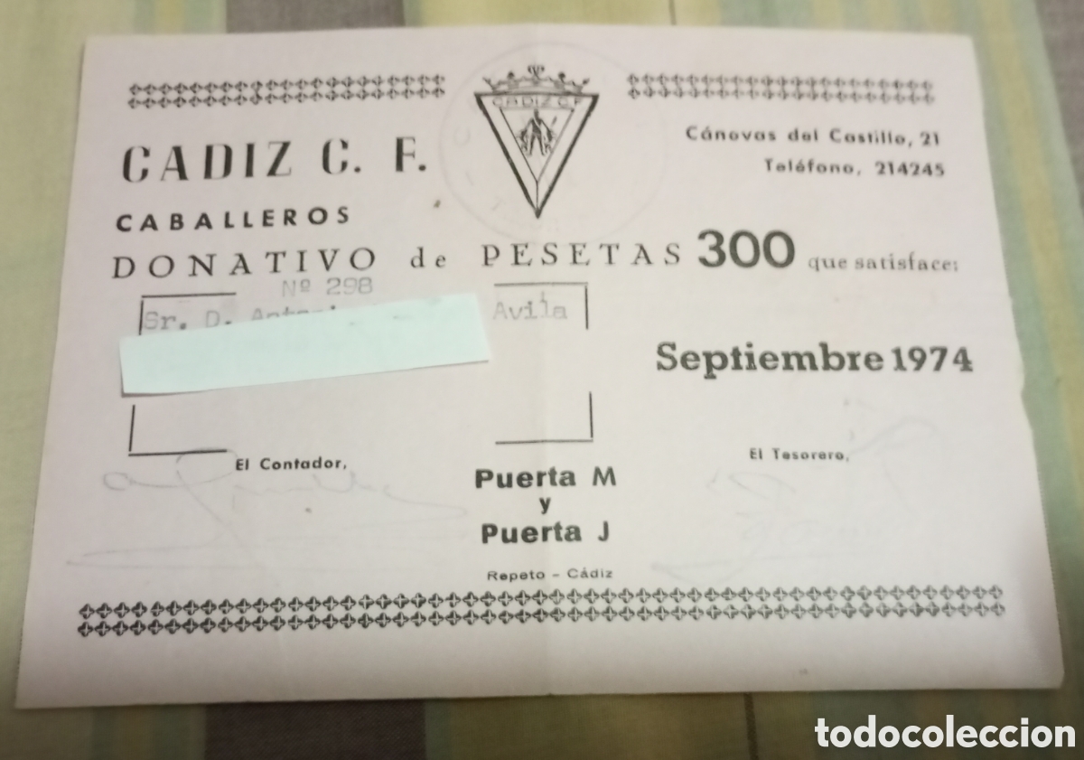 Collezionismo sportivo: C&aacute;diz c.f. donativo entrada a&ntilde;o 1974