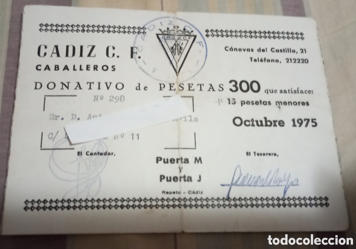 Collezionismo sportivo: C&aacute;diz c f. Donativo entrada a&ntilde;o 1975