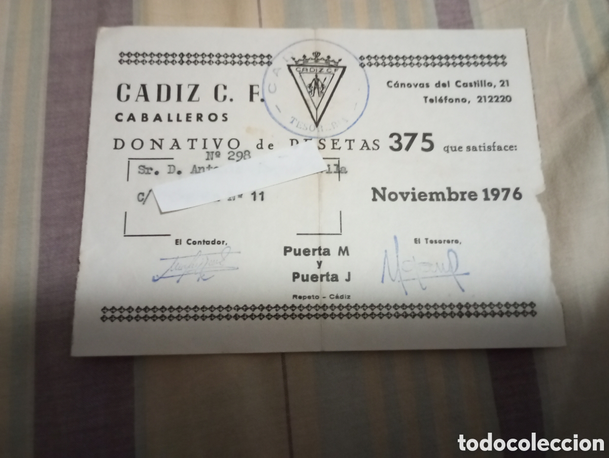 Collezionismo sportivo: C&aacute;diz c.f. donativo entrada a&ntilde;o 1976