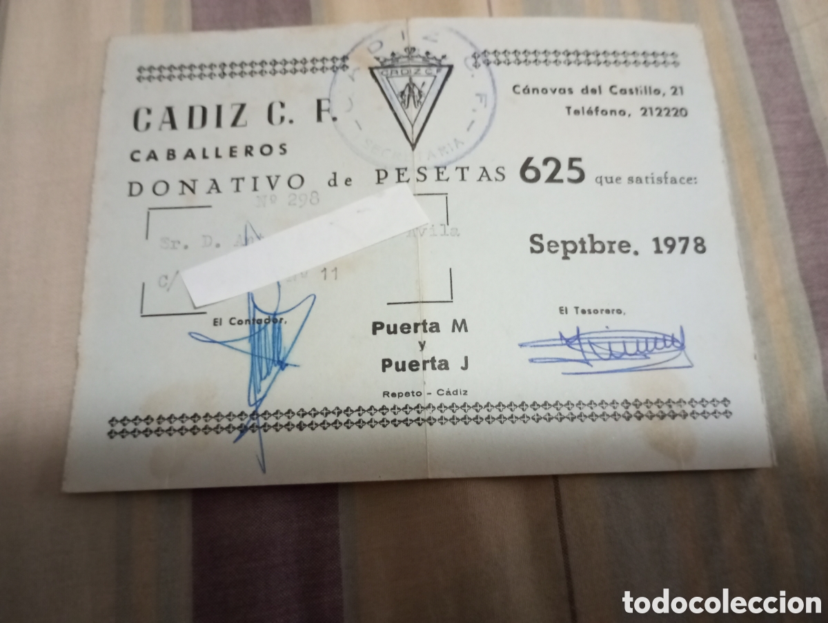 Collezionismo sportivo: C&aacute;diz c.f. donativo entrada a&ntilde;o 1978