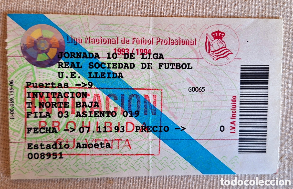 Sports collectibles: Entrada Real Sociedad Lleida 1993 debut de De Pedro
