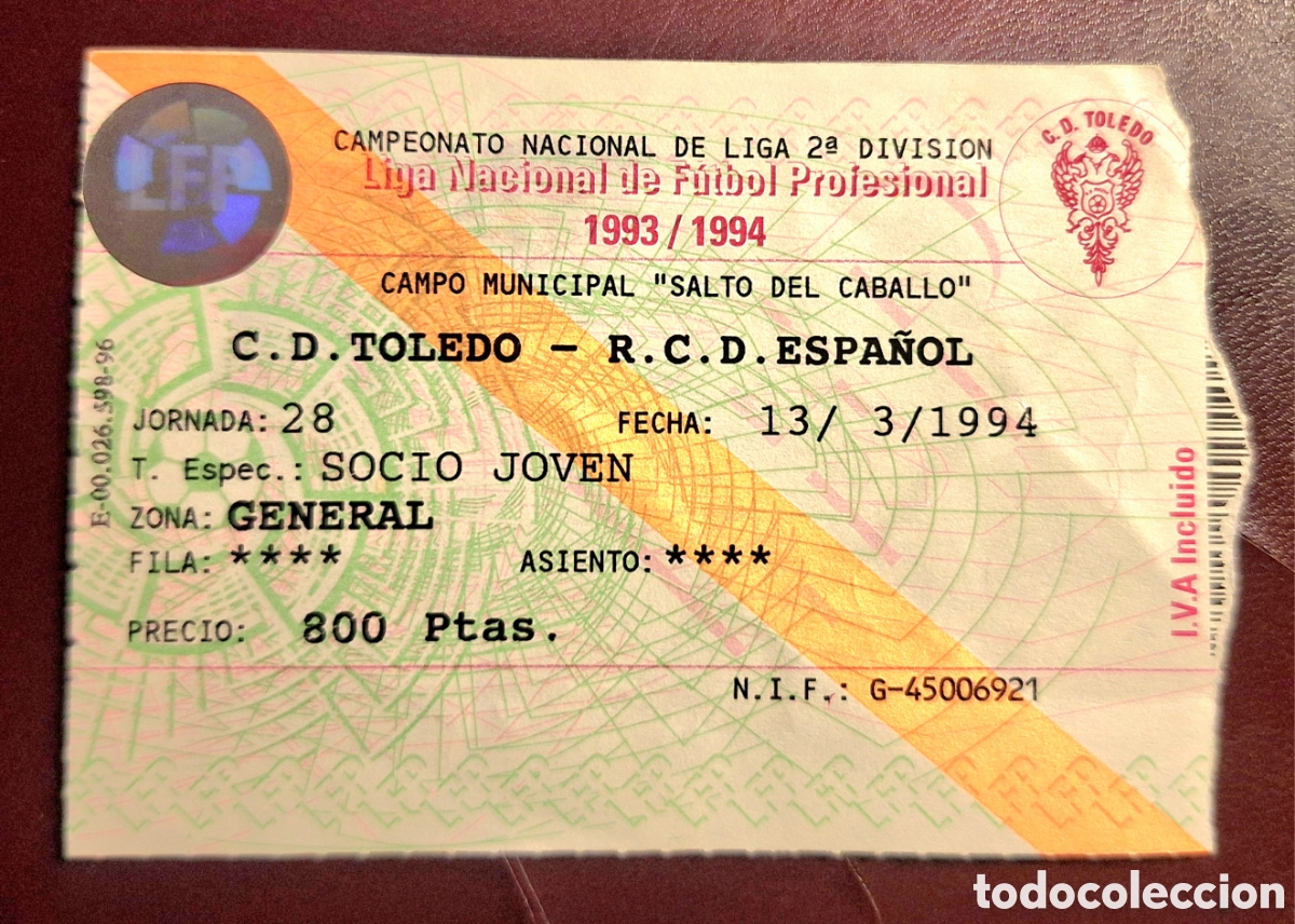 Coleccionismo deportivo: Entrada Toledo espa&ntilde;ol 1994 - Foto 1