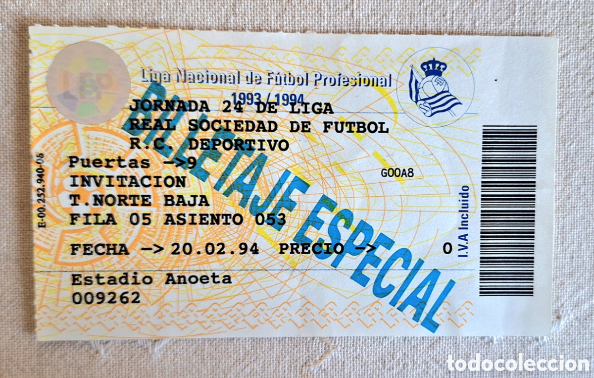 Sports collectibles: Entrada Real Sociedad Deportivo Coru&ntilde;a 1994