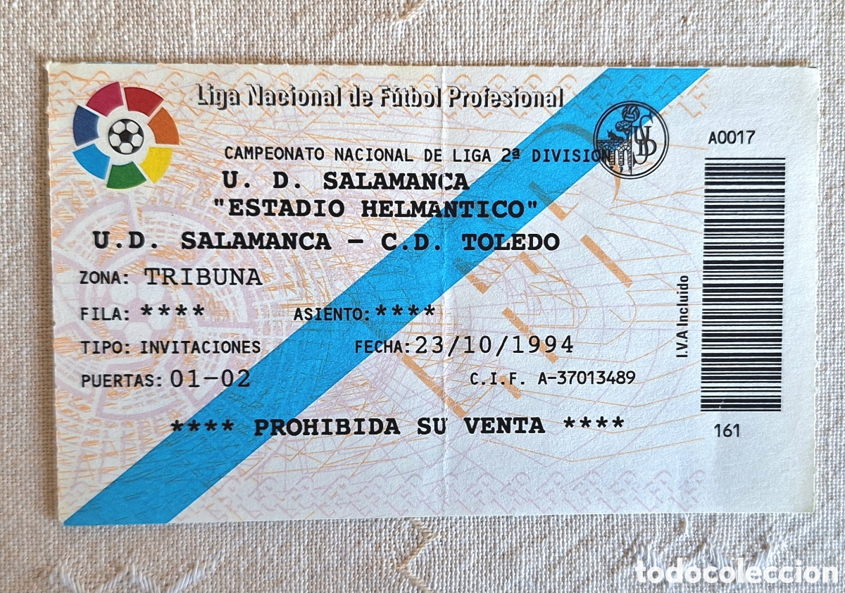 Sports collectibles: Entradas salamanca toledo 1994