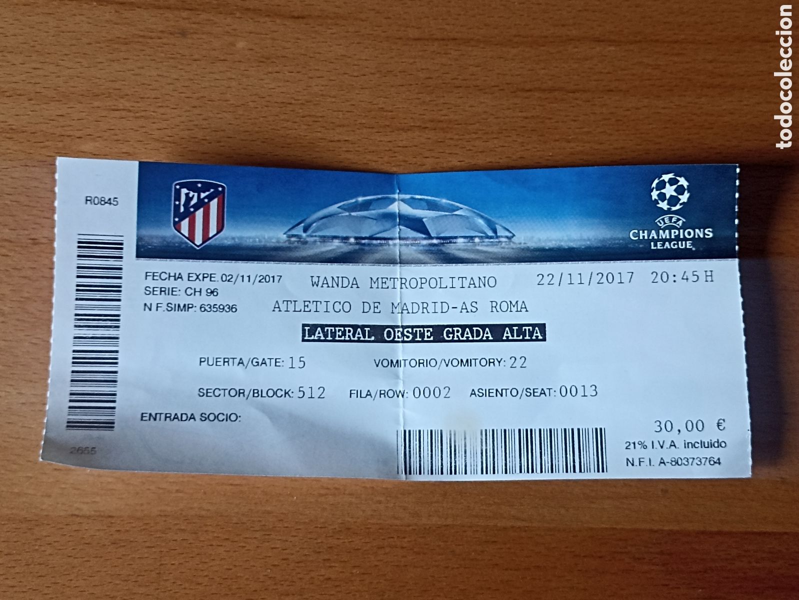 Sammelleidenschaft Sport: Entrada F&uacute;tbol Champions Atletico de Madrid-AS Roma Wanda Metropolitano 22-11-2017