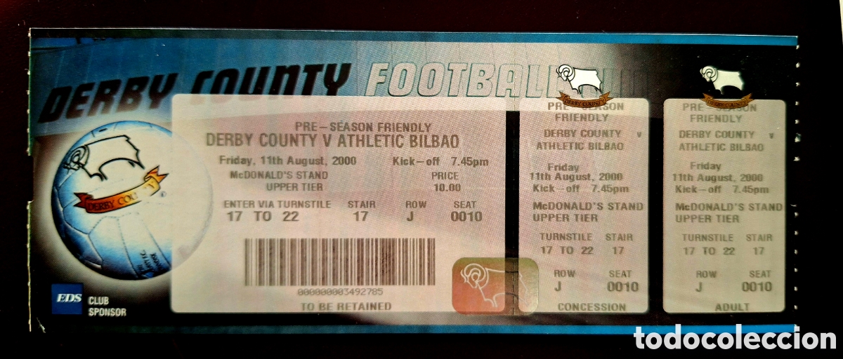 Coleccionismo deportivo: Entrada entera Athletic Bilbao Derby County a&ntilde;o 2000