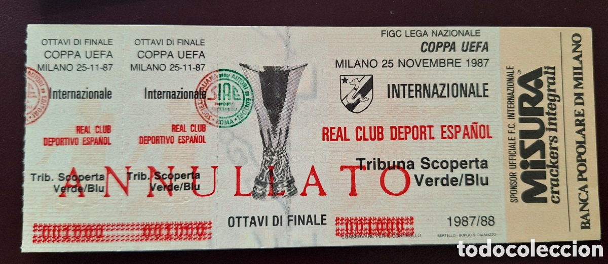 Sammelleidenschaft Sport: ENTRADA ENTERA SIN USAR COPA UEFA 1987 INTER MILAN - ESPA&Ntilde;OL DE BARCELONA