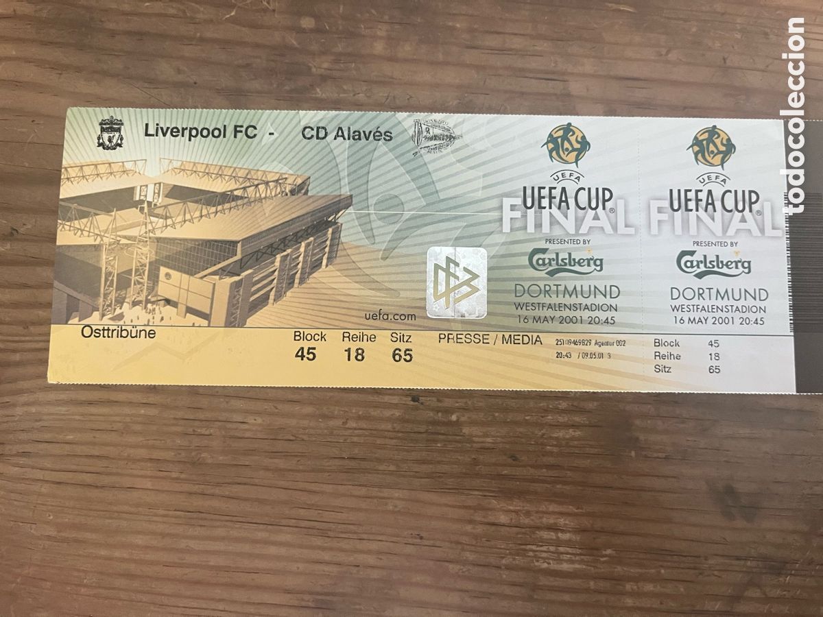 Sports collectibles: R31241 ENTRADA TICKET FINAL COPA UEFA EUROPA LEAGUE 2001 LIVERPOOL 5-4 ALAVES COMPLETA