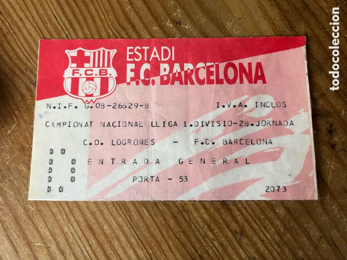 Sports collectibles: R31321 ENTRADA TICKET FUTBOL BARCELONA 3-0 LOGRO&Ntilde;ES LIGA TEMPORADA 1992 1993