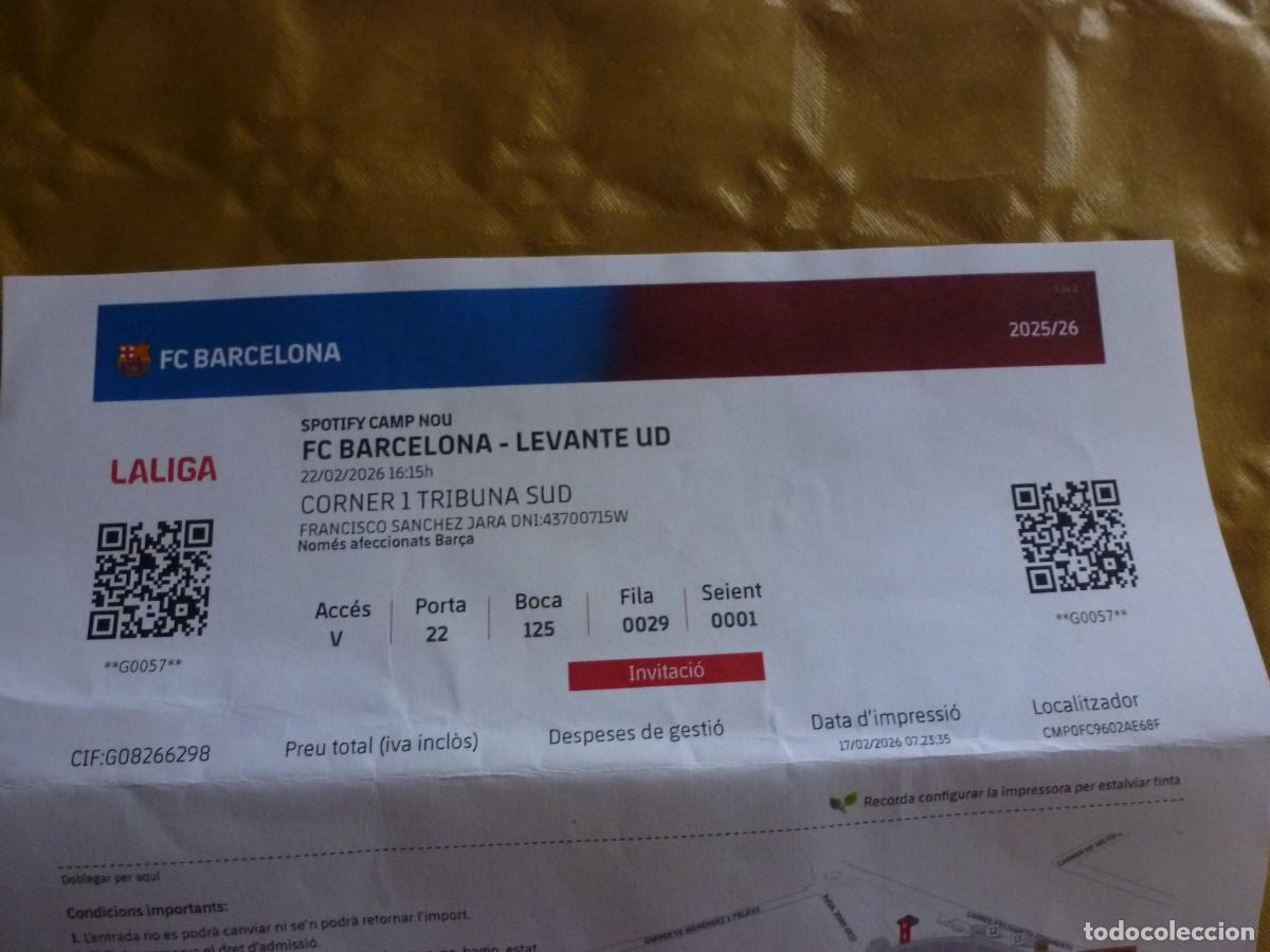 Sports collectibles: (LLL)-ENTRADA LIGA 2025-26- SPOTIFY NOU CAMP NOU- BAR&Ccedil;A- LEVANTE UD