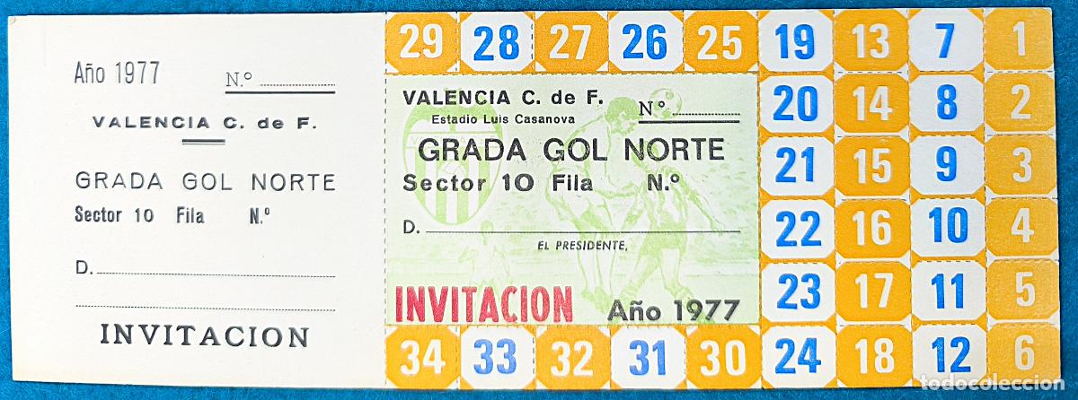 Sports collectibles: RW ENTRADA FUTBOL PASE ANUAL VALENCIA C.F A&Ntilde;O 1977 ESTADIO LUIS CASANOVA PRUEBA DE IMPRENTA EF28