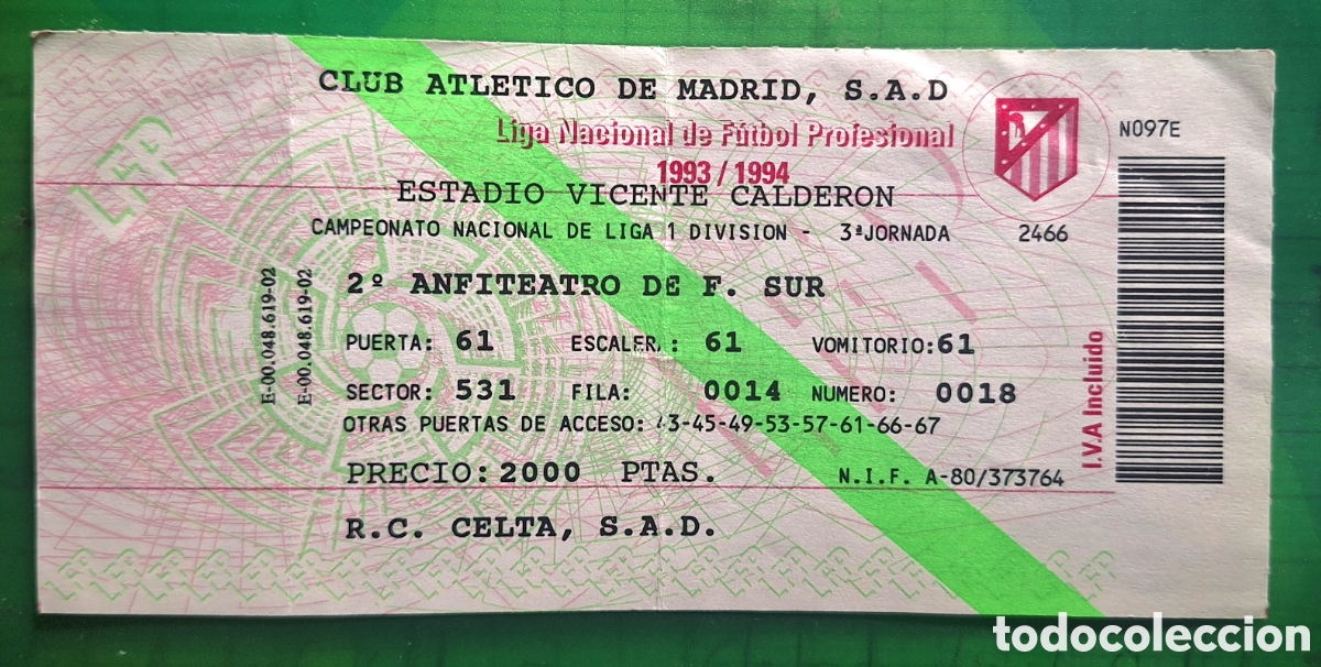 Coleccionismo deportivo: entrada Atl&eacute;tico de Madrid Celta 1993 1994 primer gol de Kiko