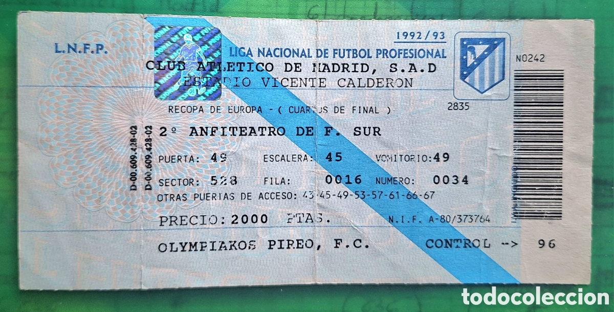 Coleccionismo deportivo: Entrada Recopa Atl&eacute;tico de Madrid olympiacos