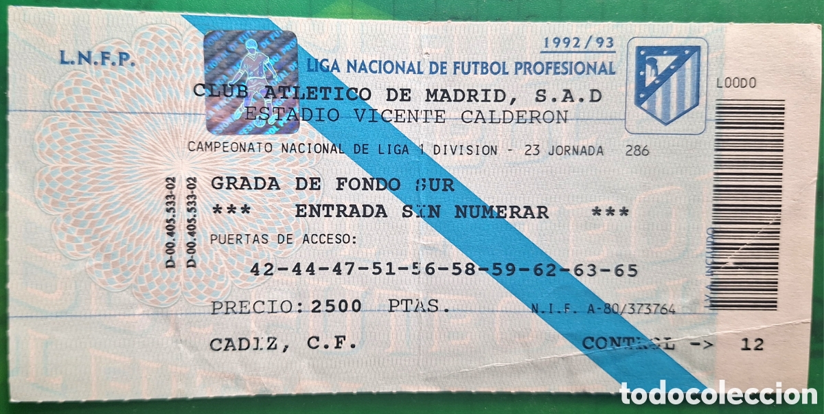 Coleccionismo deportivo: Entrada Atl&eacute;tico de Madrid C&aacute;diz 1992 1993 debut Lukic