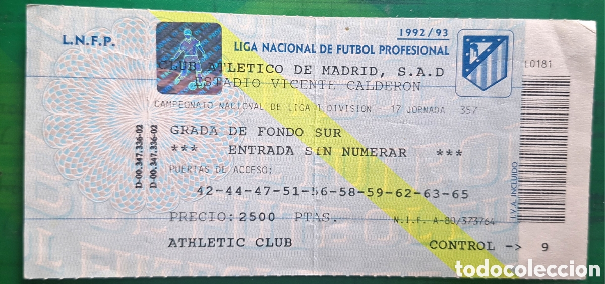 Coleccionismo deportivo: Entrada Atl&eacute;tico de Madrid Athletic Club de Bilbao 1992 1993