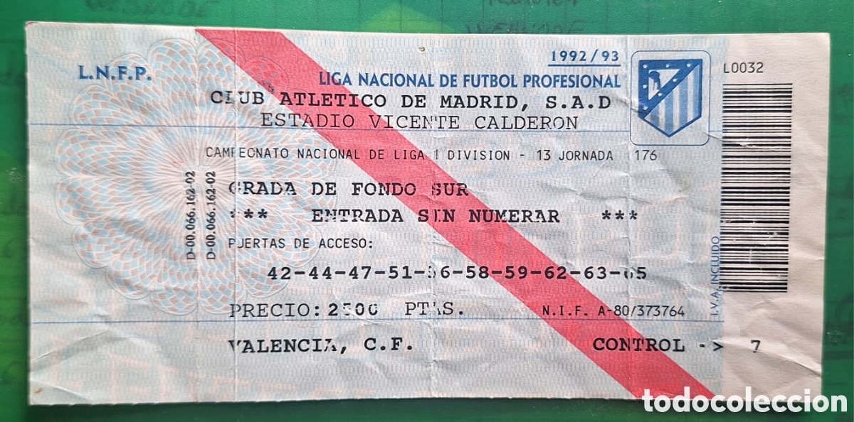 Coleccionismo deportivo: Entrada Atl&eacute;tico de Madrid Valencia 1992 1993