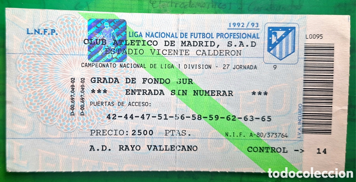 Coleccionismo deportivo: Entrada Atl&eacute;tico de Madrid Rayo Vallecano 1992 1993 debut Josemi