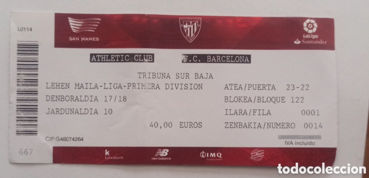 Coleccionismo deportivo: ENTRADA TICKET ATHLETIC BILBAO FC BARCELONA 0-2 MESSI 1 GOL