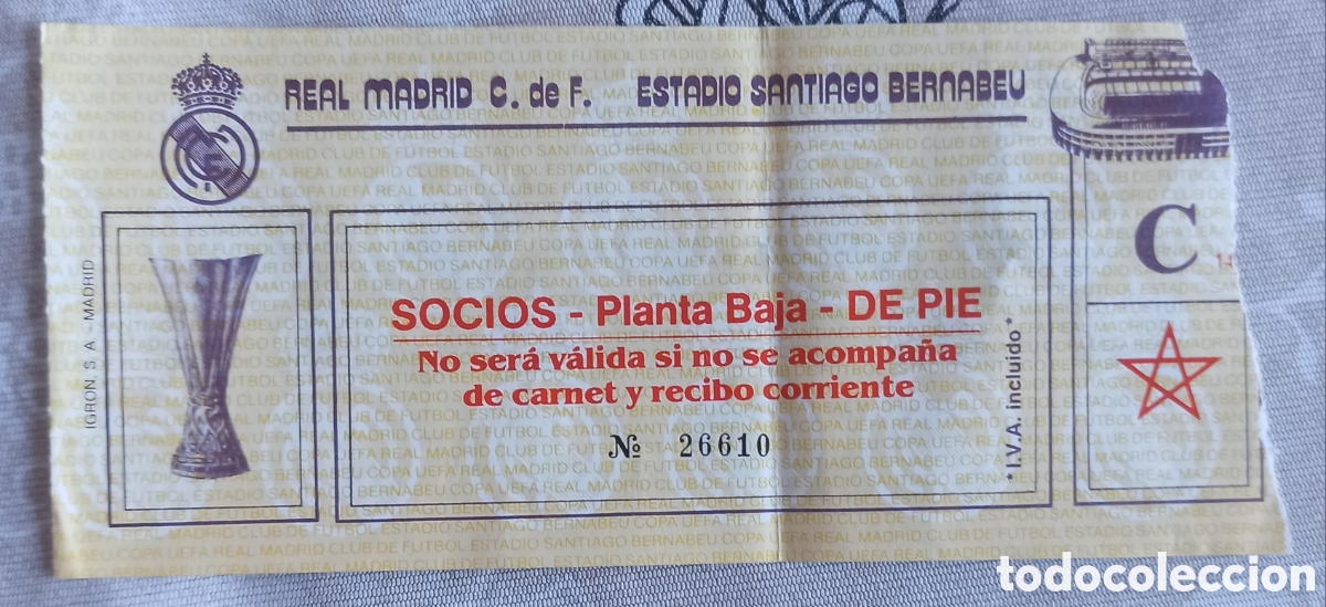 Coleccionismo deportivo: Entrada ticket futbol real madrid inter milan 85-86