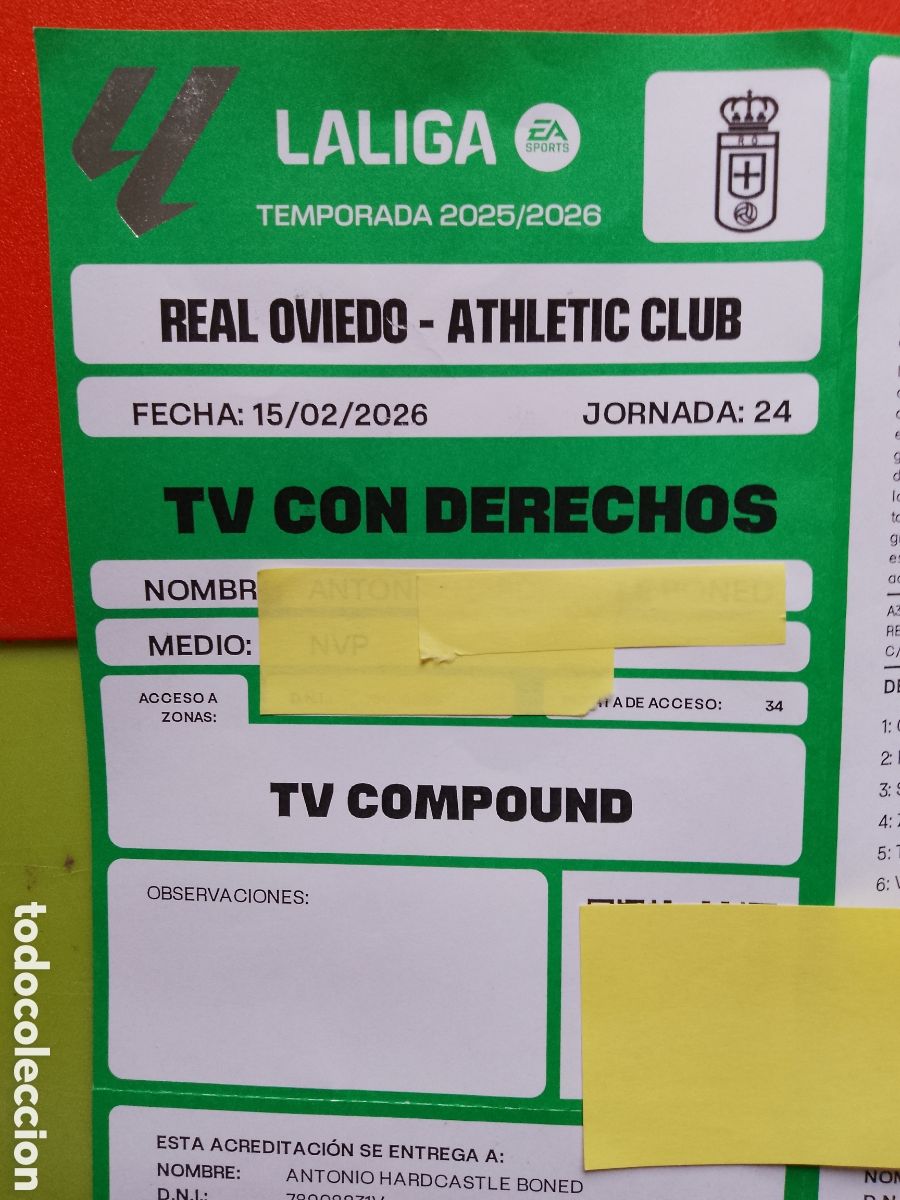 Coleccionismo deportivo: REAL OVIEDO - ATHLETIC CLUB BILBAO -LA LIGA LALIGA TEMPORADA 25 26 jornada 24 -ACREDITACI&Oacute;N TV