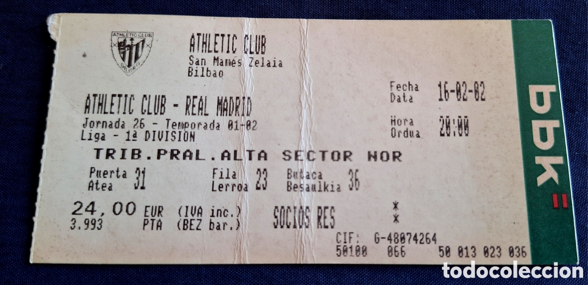 Coleccionismo deportivo: Entrada Athletic bilbao real Madrid 2001 2002