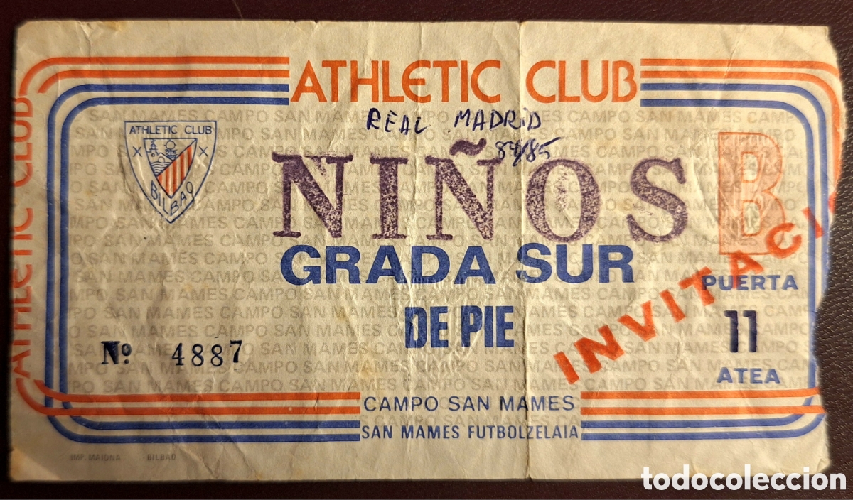 Coleccionismo deportivo: Entrada Athletic Bilbao Real Madrid 1984 1985 partido 250 Juanito en Primera Divisision