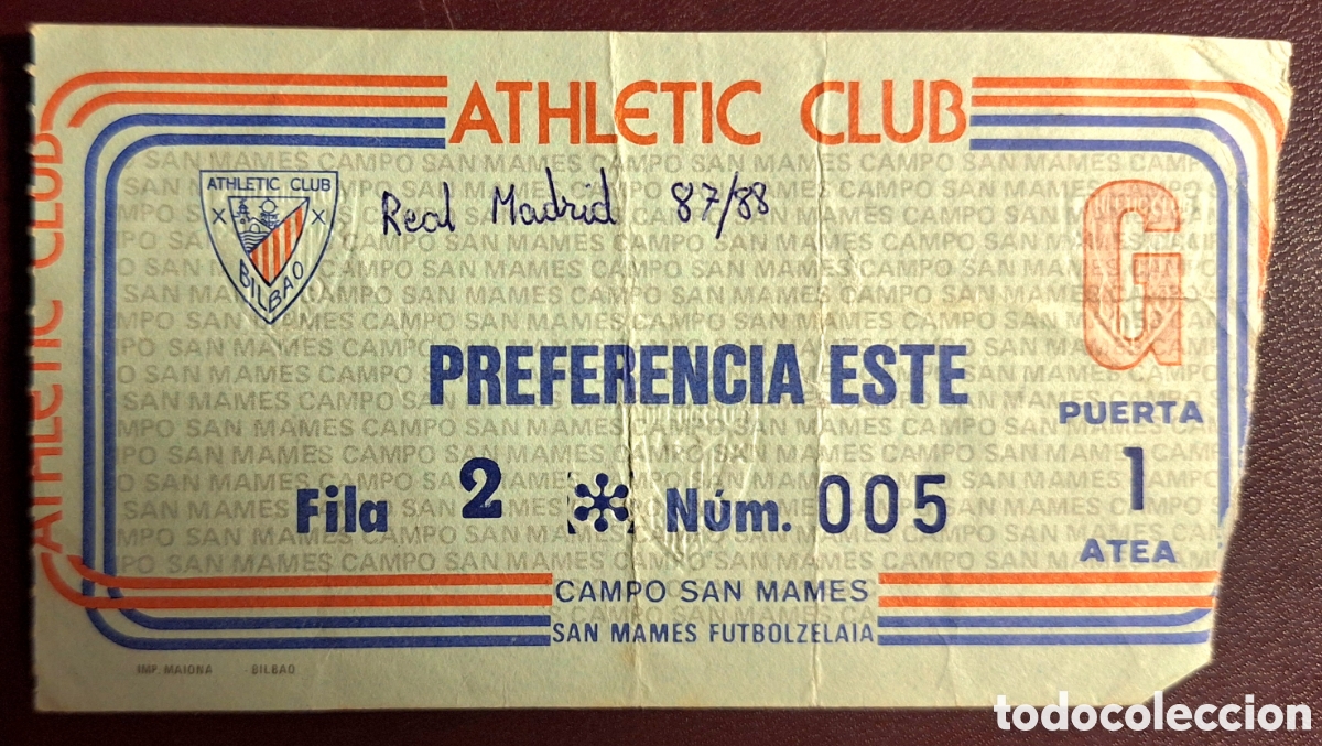 Coleccionismo deportivo: Entrada Athletic Bilbao Real Madrid 1987 1988