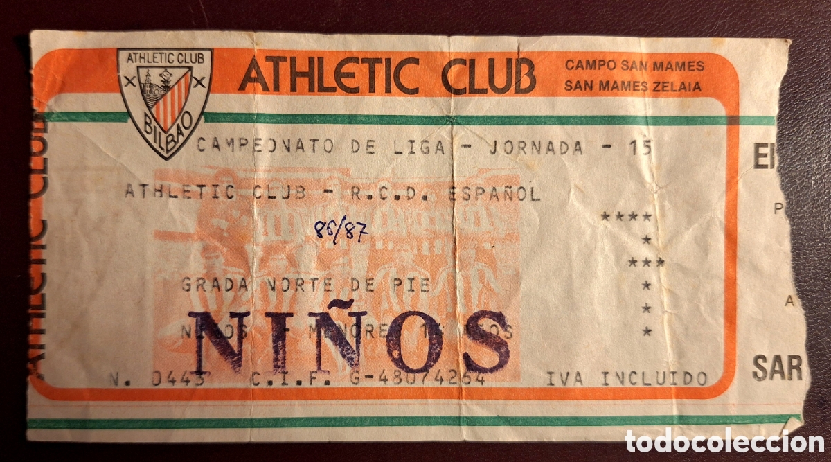 Coleccionismo deportivo: Entrada Athletic Bilbao espa&ntilde;ol 1986 1987 86/87