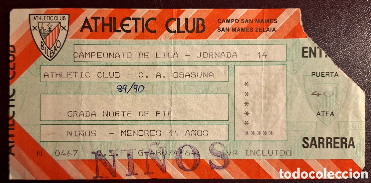 Coleccionismo deportivo: Entrada Athletic Bilbao Osasuna 1989 1990