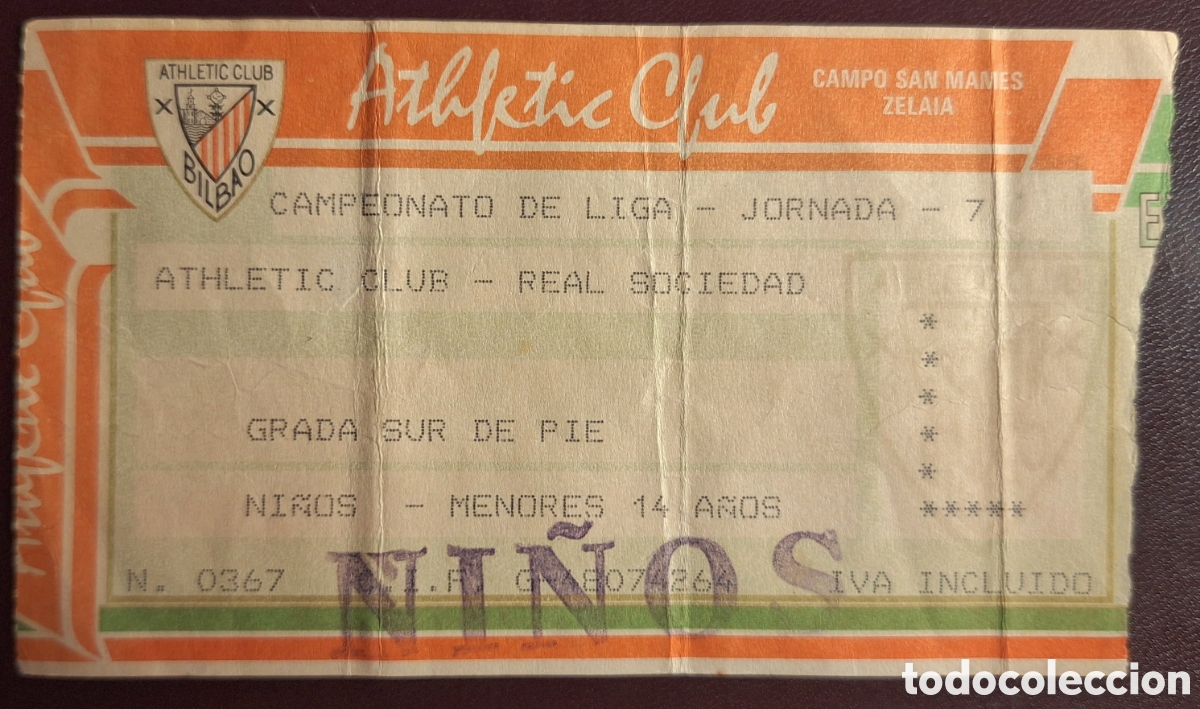 Coleccionismo deportivo: Entrada Athletic Bilbao Real Sociedad 1987 1988
