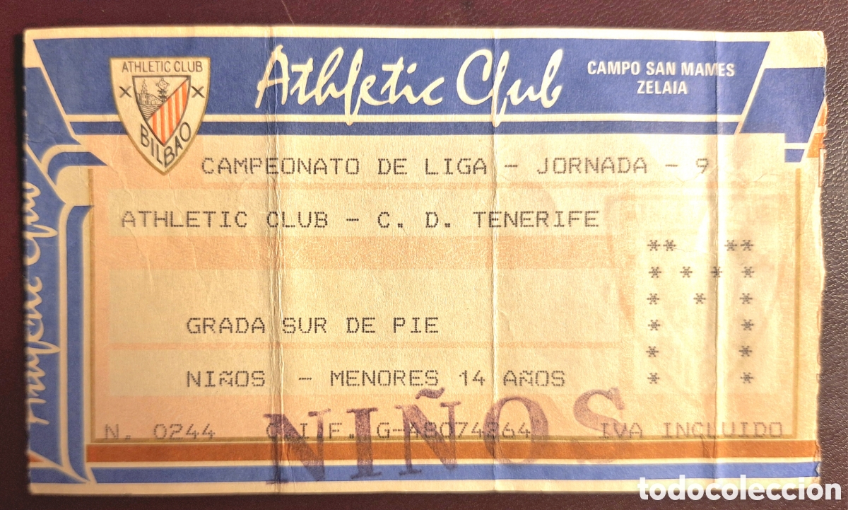Coleccionismo deportivo: Entrada Athletic Bilbao Tenerife 1992 1993