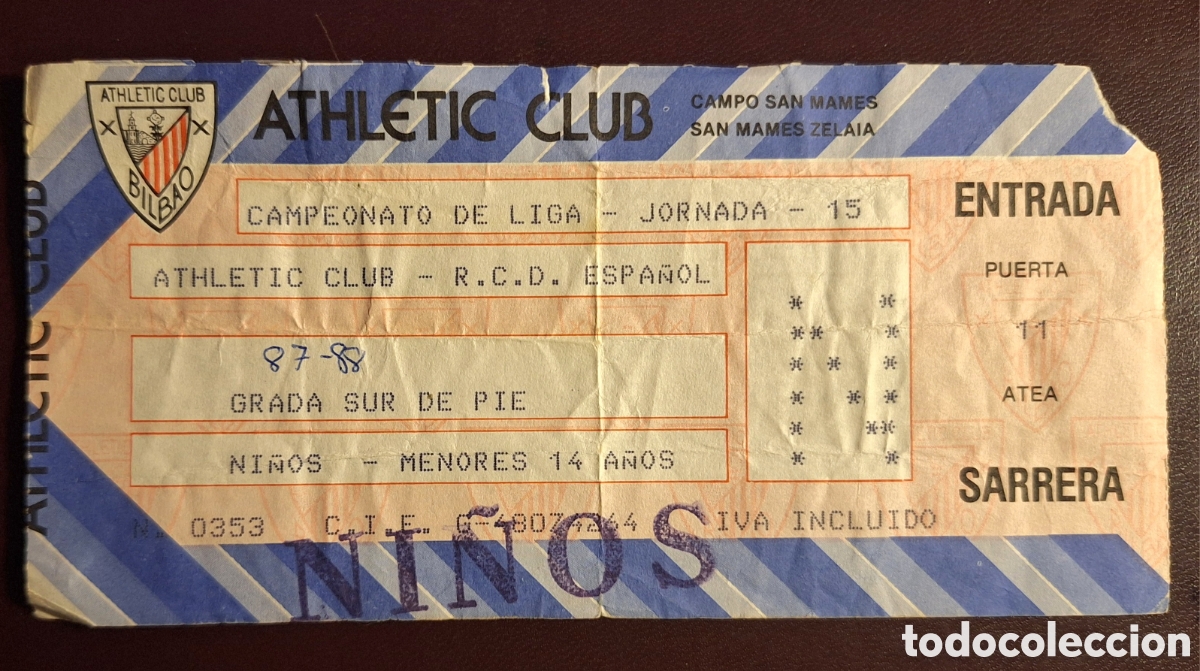 Coleccionismo deportivo: Entrada Athletic Bilbao espa&ntilde;ol 1987 1988