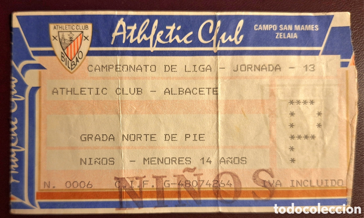 Coleccionismo deportivo: Entrada Athletic Bilbao Albacete 1992 1993
