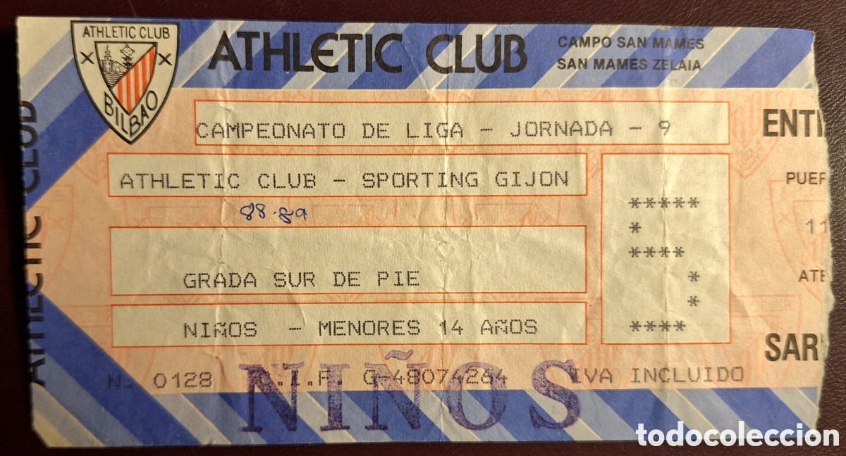 Coleccionismo deportivo: Entrada Athletic Bilbao Sporting de Gij&oacute;n 1988 1989