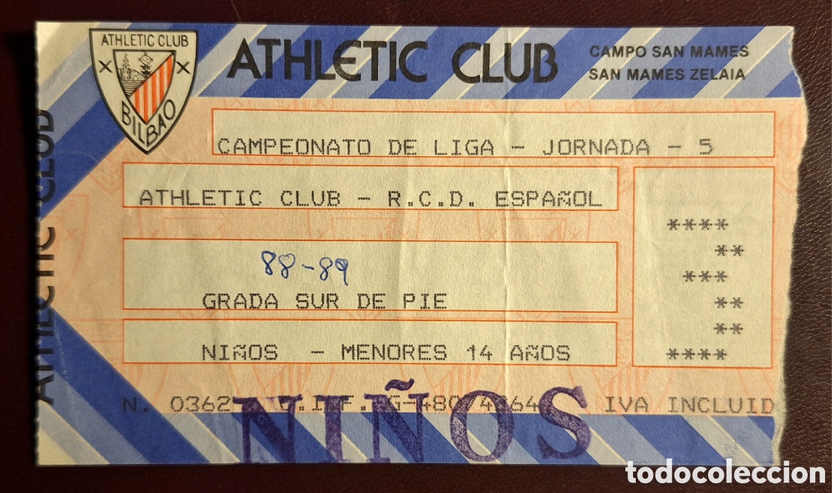 Coleccionismo deportivo: Entrada Athletic Bilbao espa&ntilde;ol 1988 1989