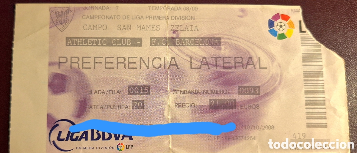 Coleccionismo deportivo: Entrada Athletic Bilbao Barcelona 2008 2009