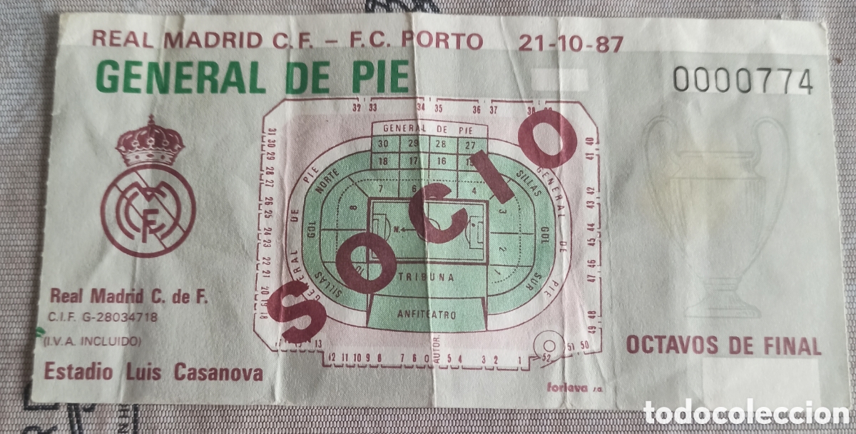 Coleccionismo deportivo: Entrada ticket real Madrid oporto 87-88 jugado en Valencia
