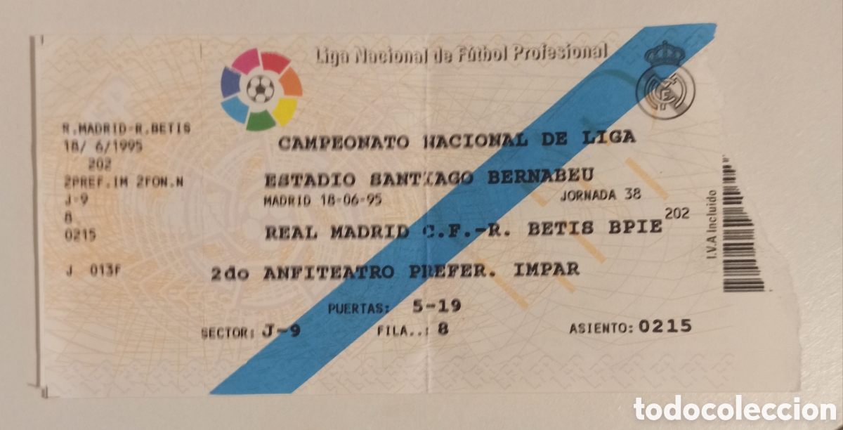 Coleccionismo deportivo: Entrada ticket futbol real Madrid betis 94-95 liga