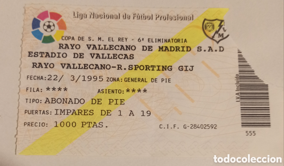 Coleccionismo deportivo: Entrada ticket futbol Rayo Vallecano sporting Gij&oacute;n 94-95 copa