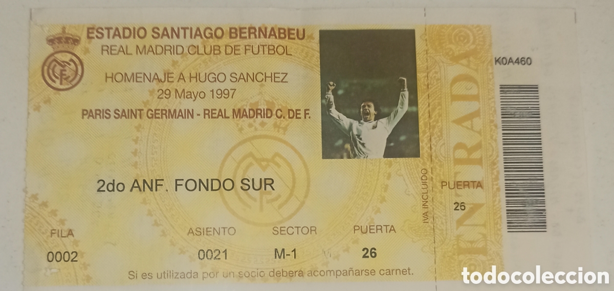 Coleccionismo deportivo: Entrada ticket f&uacute;tbol Real Madrid PSG homenaje a Hugo Sanchez 1997