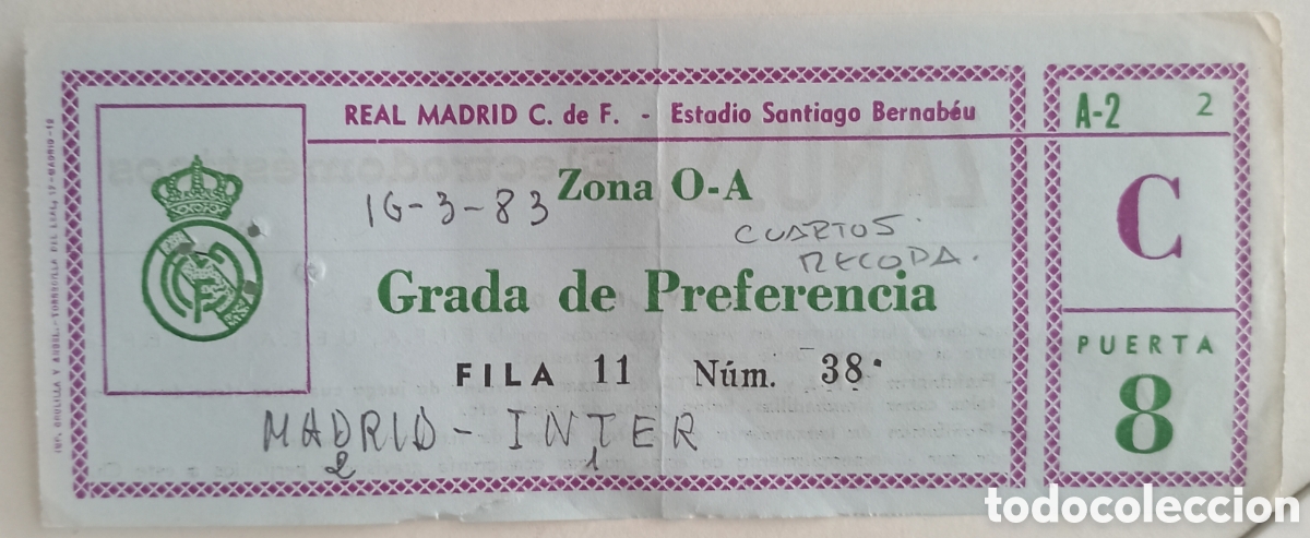 Sammelleidenschaft Sport: Entrada ticket futbol real Madrid inter Mil&aacute;n italia 82-83