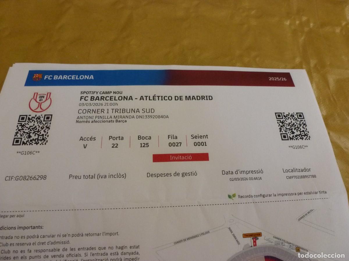 Collezionismo sportivo: (LLL)-ENTRADA COPA REY 2025-26- SPOTIFY NOU CAMP NOU- BAR&Ccedil;A- AT. MADRID