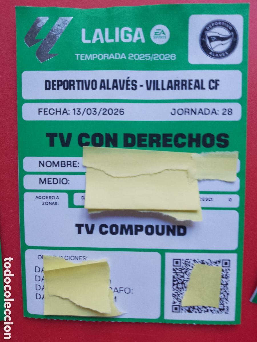 Coleccionismo deportivo: Deportivo Alav&eacute;s - Villarreal CF . Jornada 28 LA LIGA LALIGA TEMPORADA 25 26 -ACREDITACI&Oacute;N TV