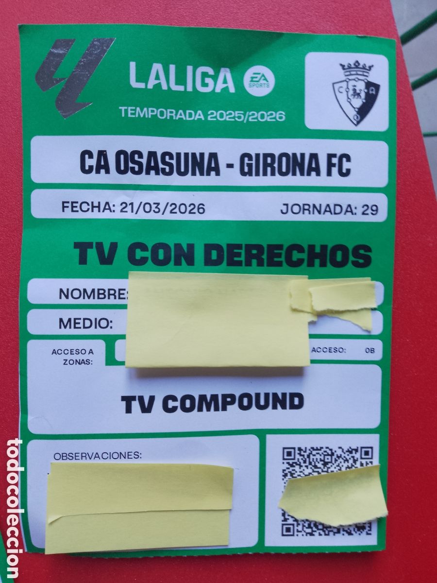 Coleccionismo deportivo: CA OSASUNA - GIRONA F.C. . Jornada 29 LA LIGA LALIGA TEMPORADA 25 26 -ACREDITACI&Oacute;N TV