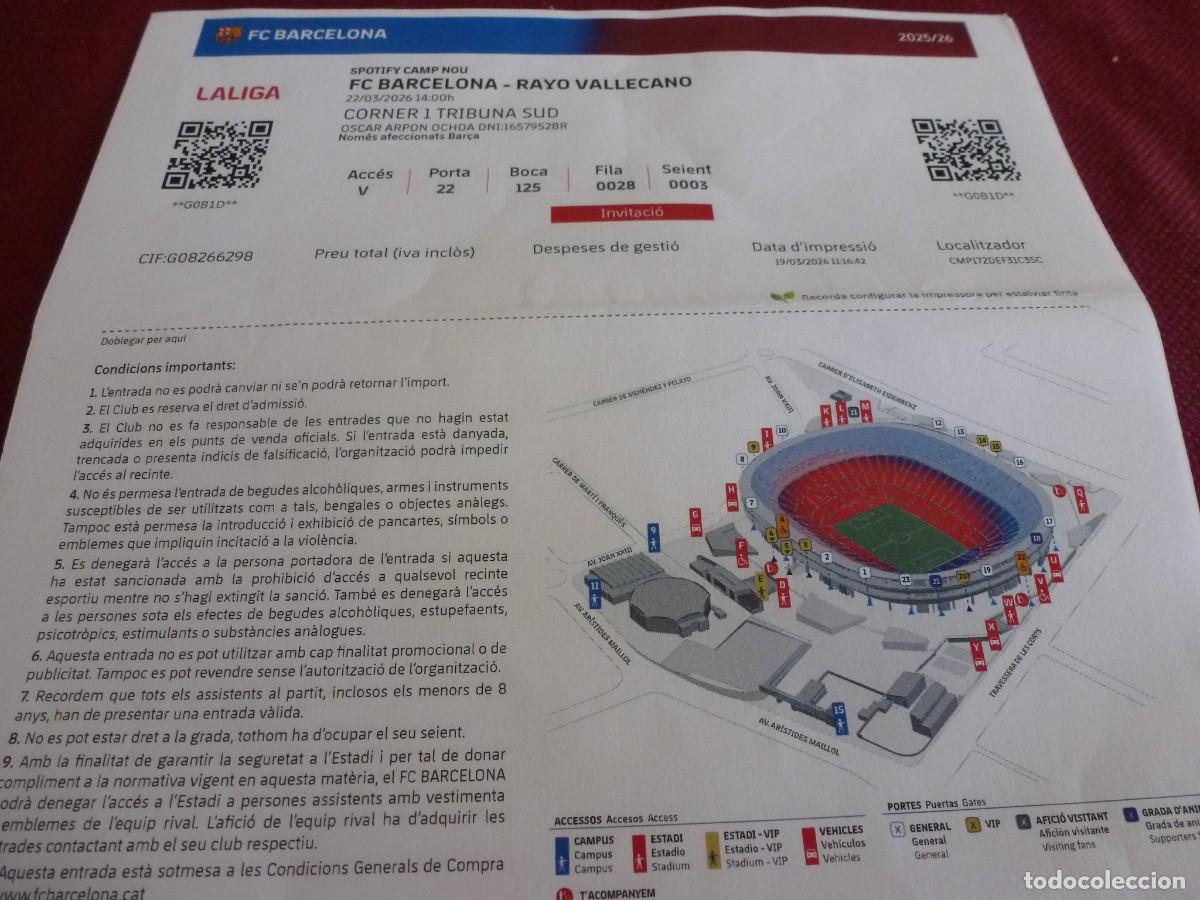 Coleccionismo deportivo: (LLL) ENTRADA FUTBOL LIGA 2025-25 SPOTIFY CAMP NOU FC BARCELONA -RAYO VALLECANO