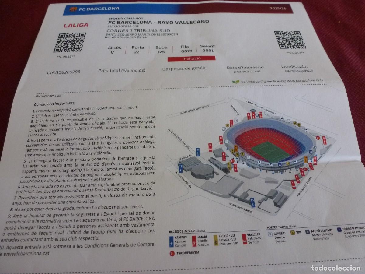 Coleccionismo deportivo: (LLL) ENTRADA FUTBOL LIGA 2025-25 SPOTIFY CAMP NOU FC BARCELONA -RAYO VALLECANO